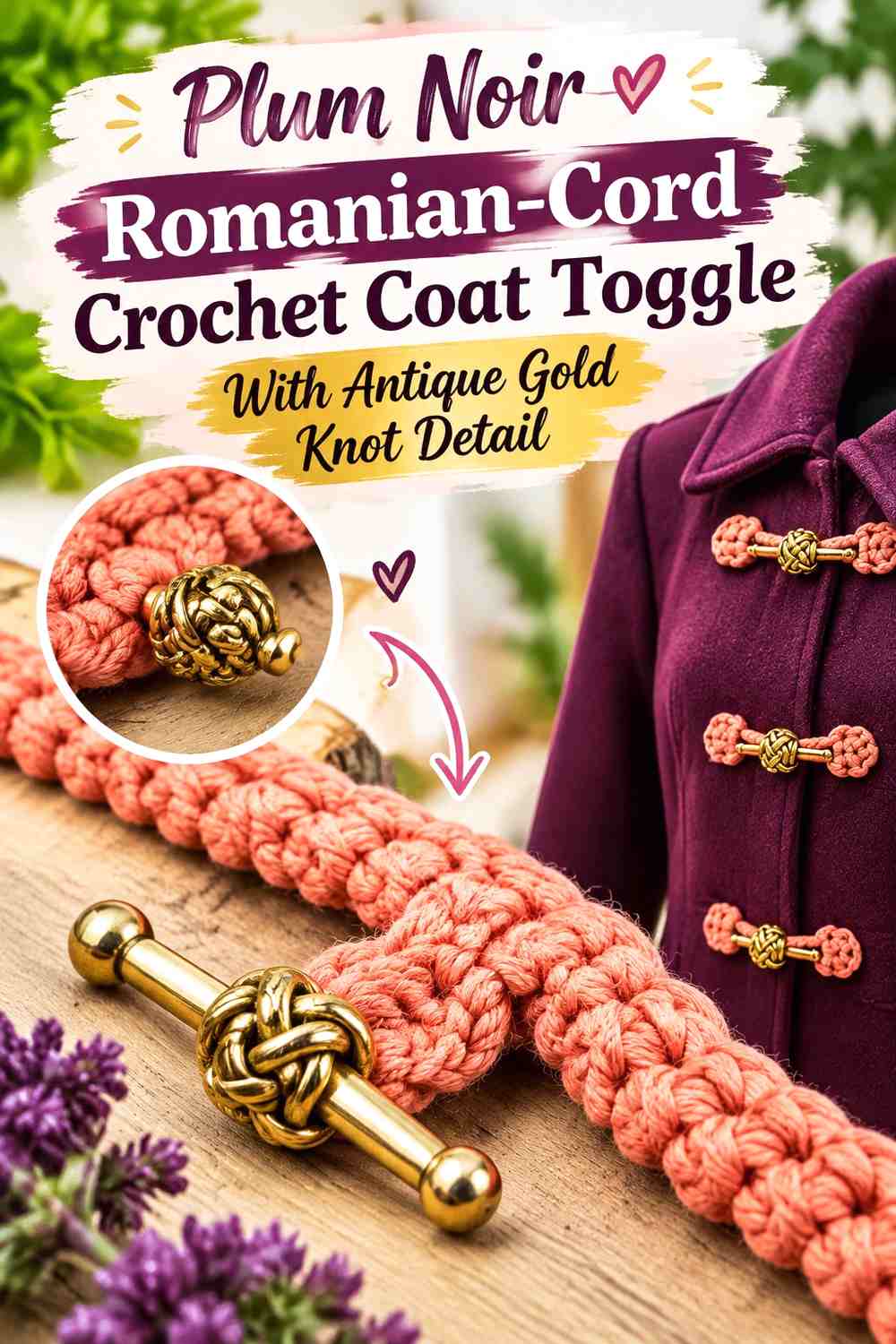 Plum Noir Romanian-Cord Crochet Coat Toggle With Antique Gold Knot Detail