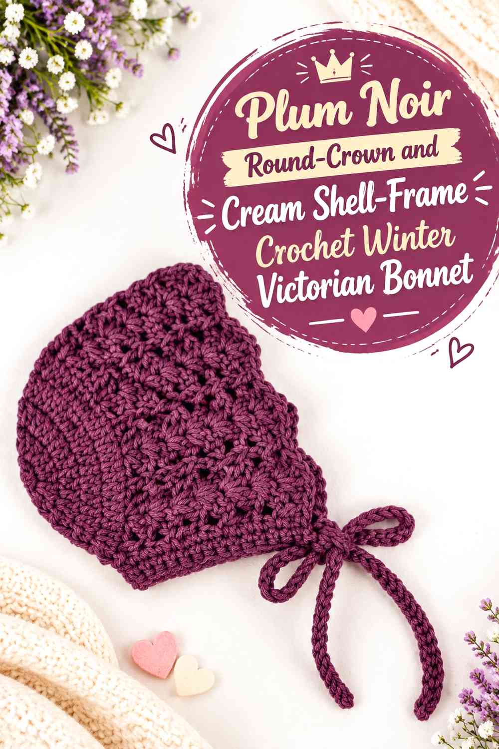 Plum Noir Round-Crown and Cream Shell-Frame Crochet Winter Victorian Bonnet