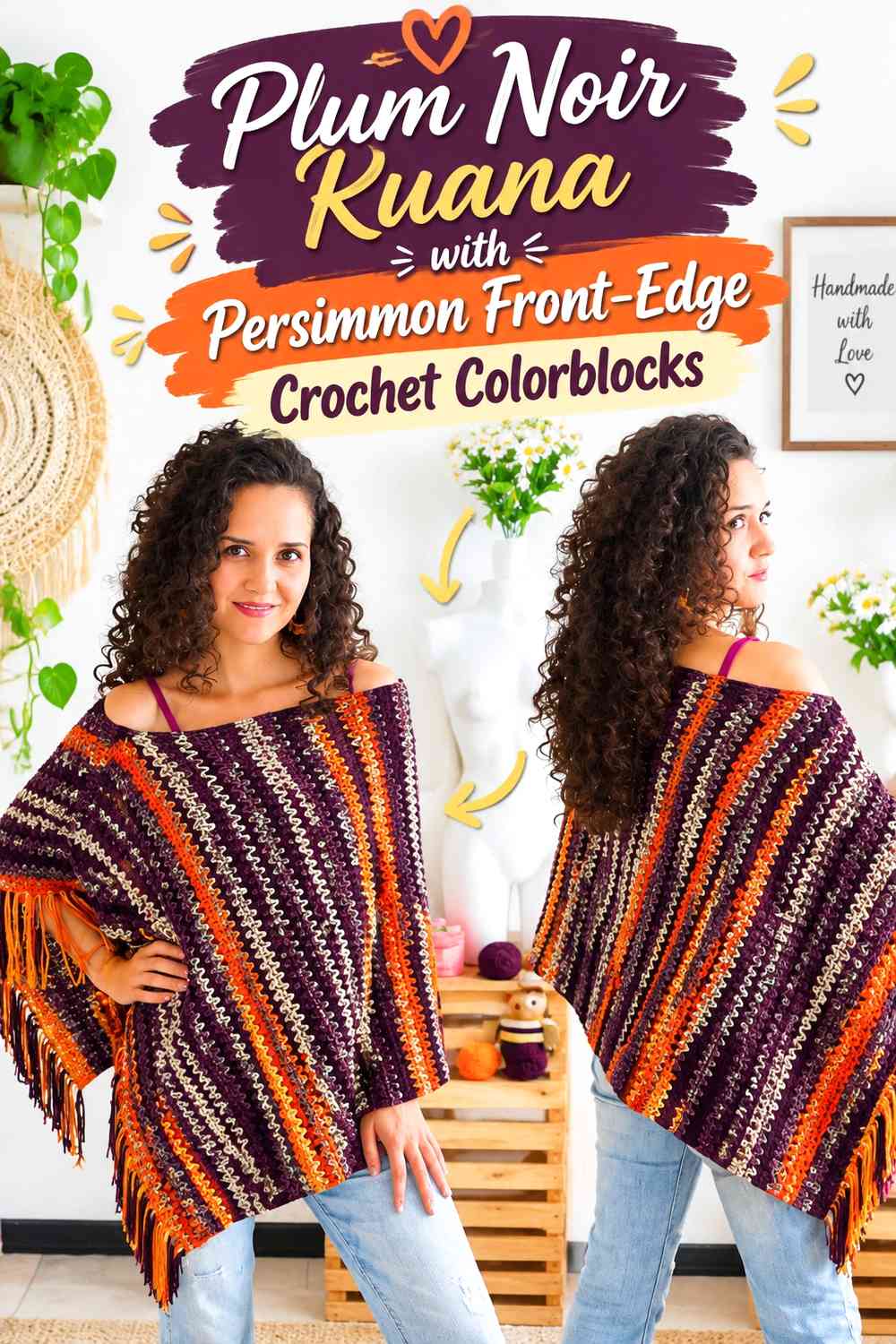 Plum Noir Ruana with Persimmon Front-Edge Crochet Colorblocks