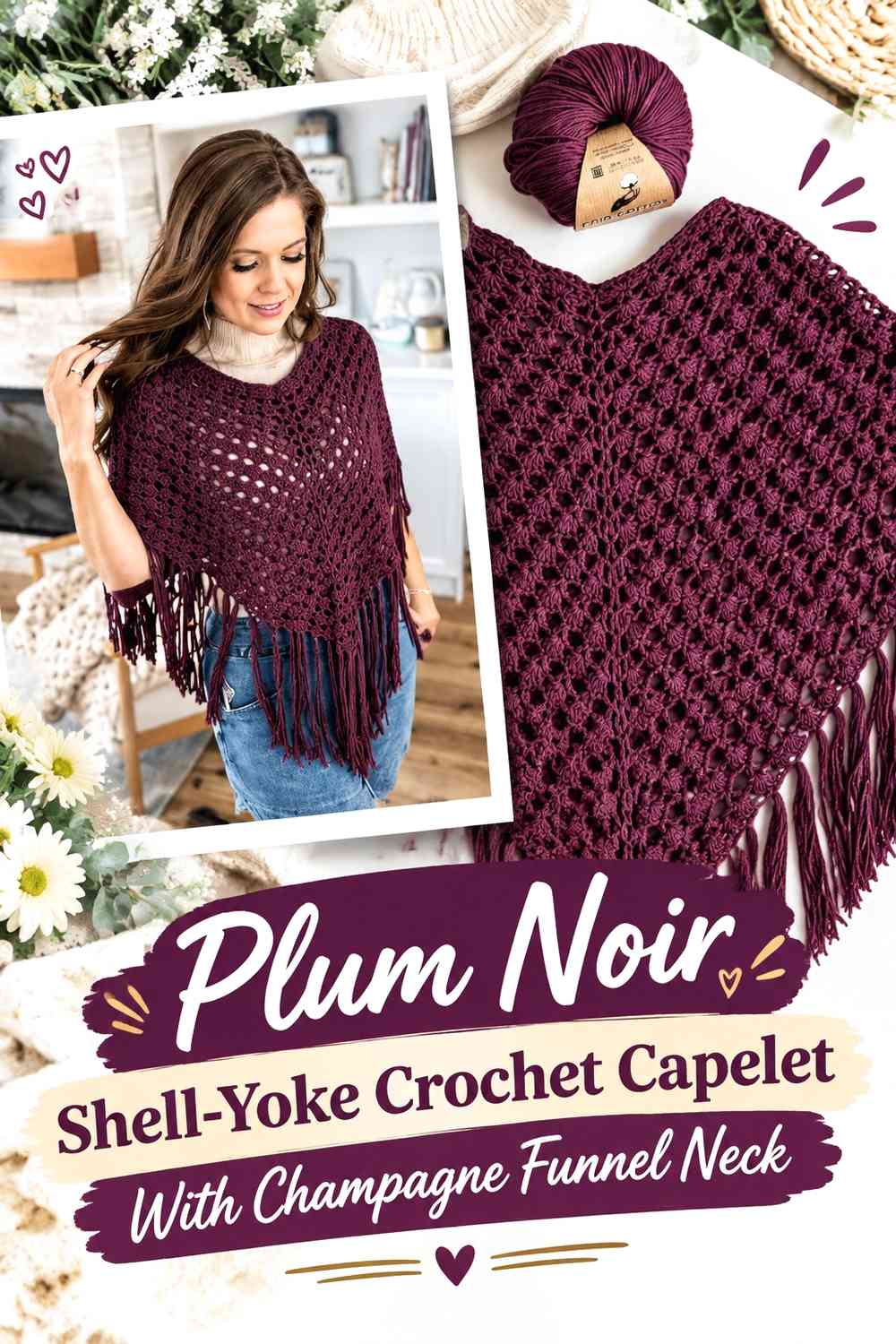 Plum Noir Shell-Yoke Crochet Capelet With Champagne Funnel Neck