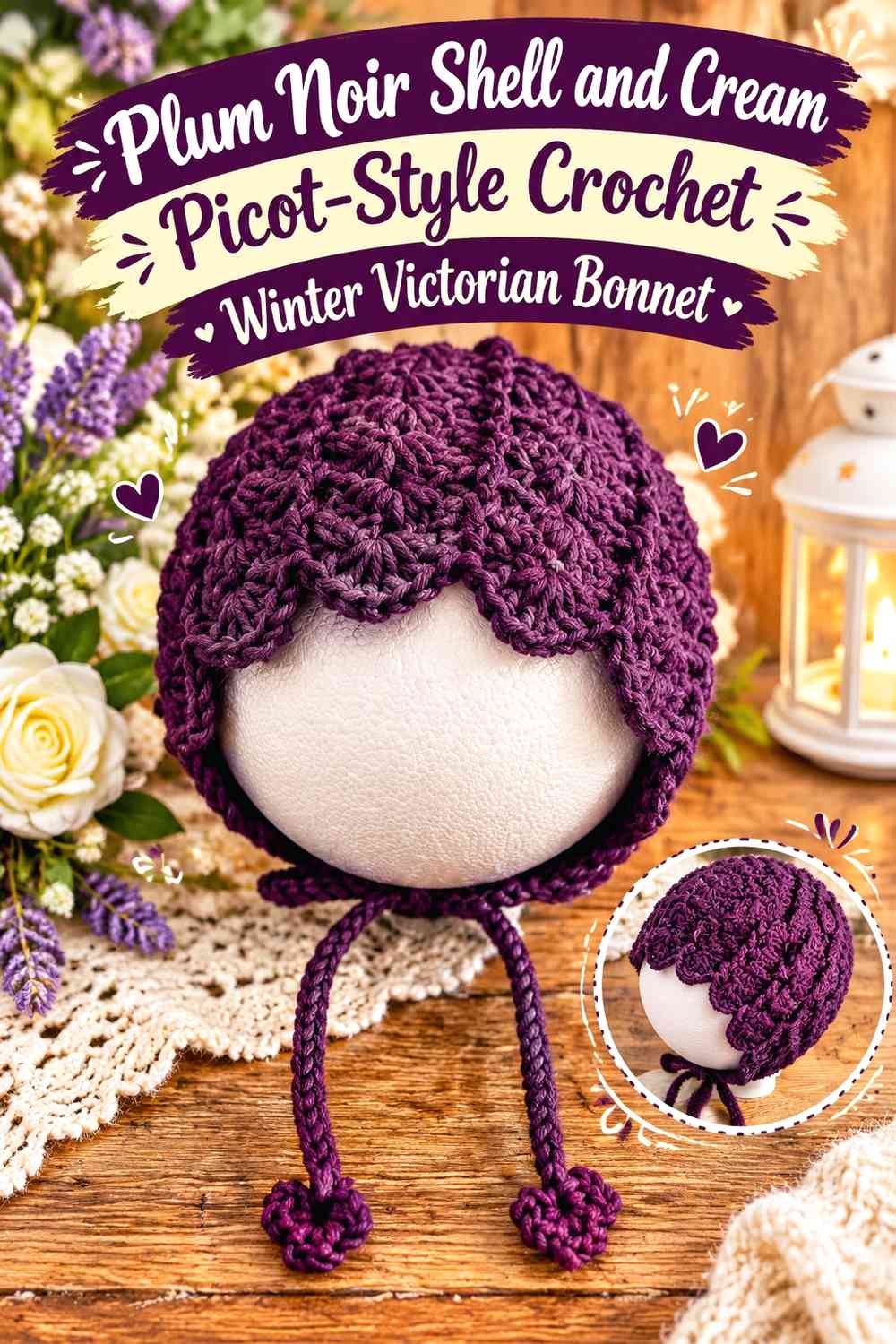 Plum Noir Shell and Cream Picot-Style Crochet Winter Victorian Bonnet