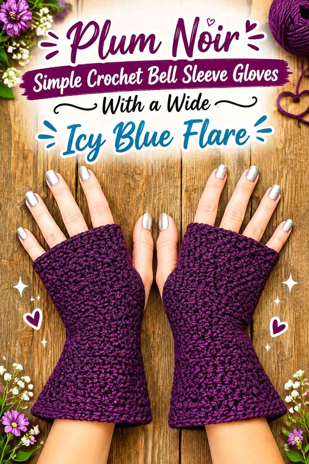 Plum Noir Simple Crochet Bell Sleeve Gloves With a Wide Icy Blue Flare