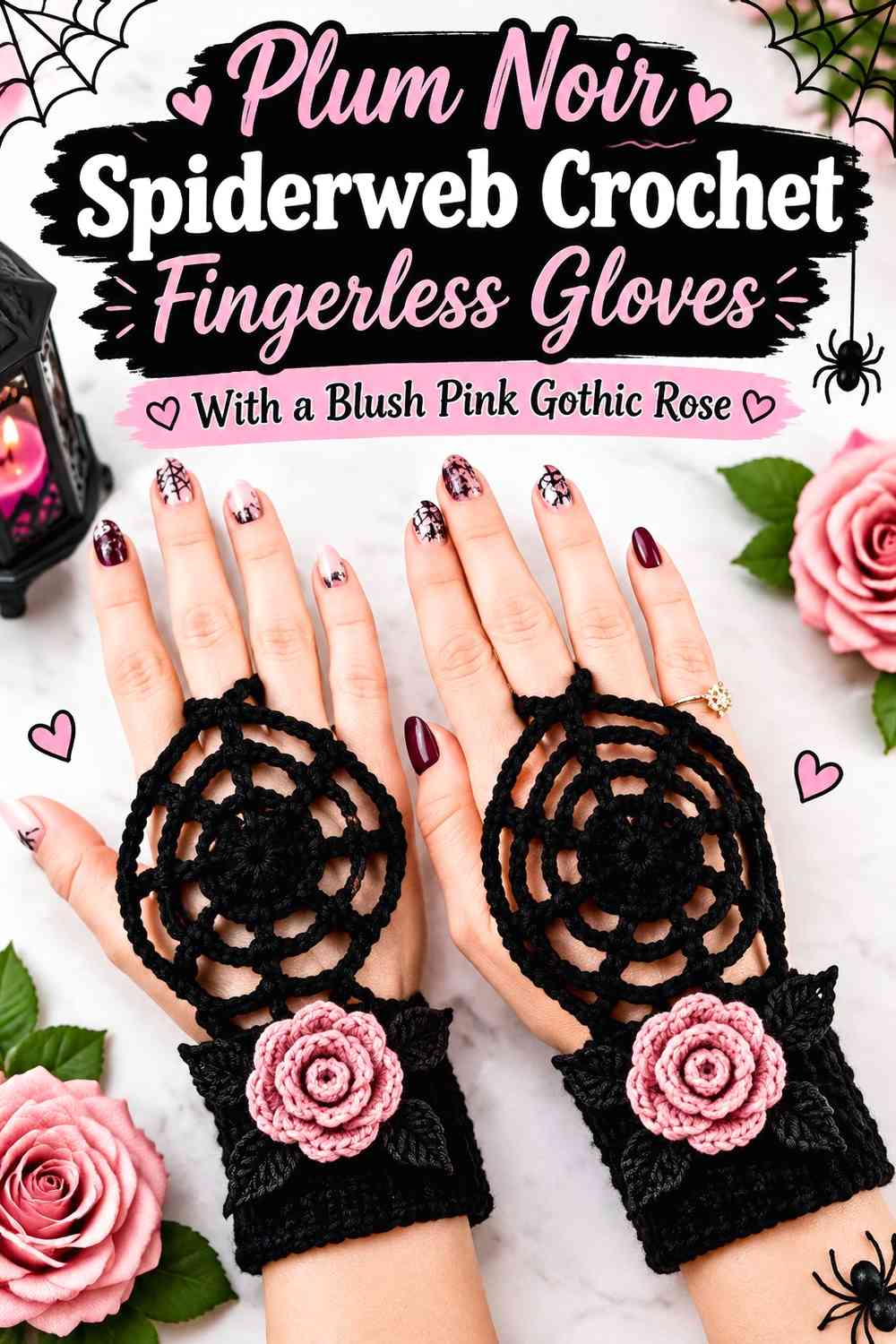 Plum Noir Spiderweb Crochet Fingerless Gloves With a Blush Pink Gothic Rose