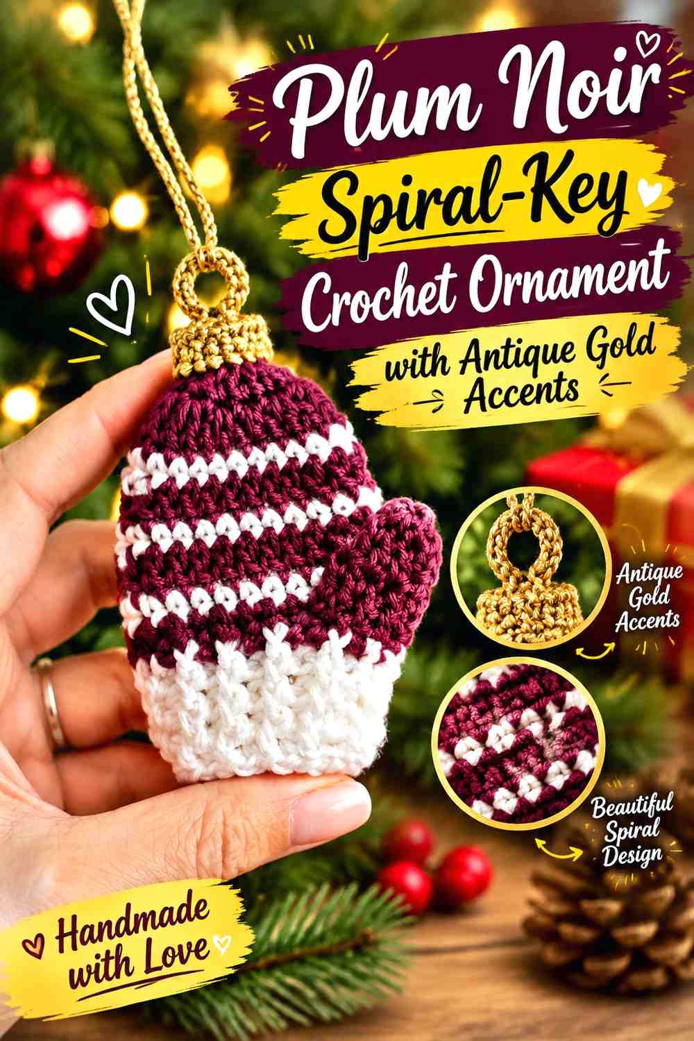 Plum Noir Spiral-Key Crochet Ornament with Antique Gold Accents