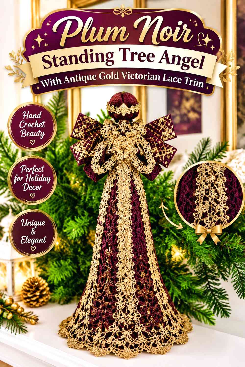 Plum Noir Standing Tree Angel With Antique Gold Victorian Lace Trim