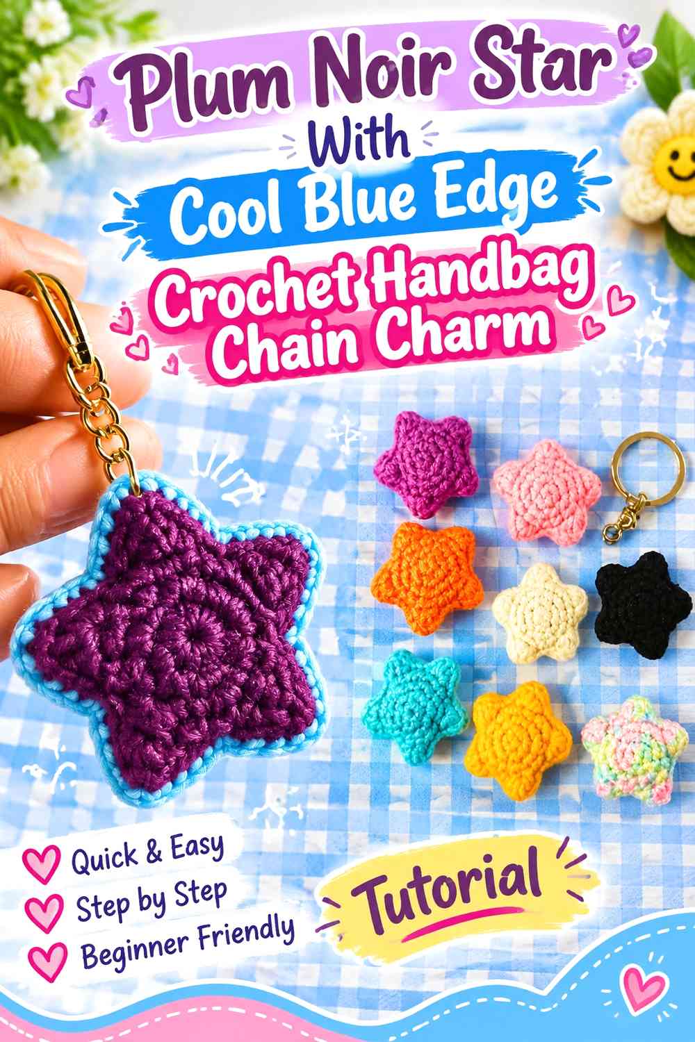 Plum Noir Star With Cool Blue Edge Crochet Handbag Chain Charm