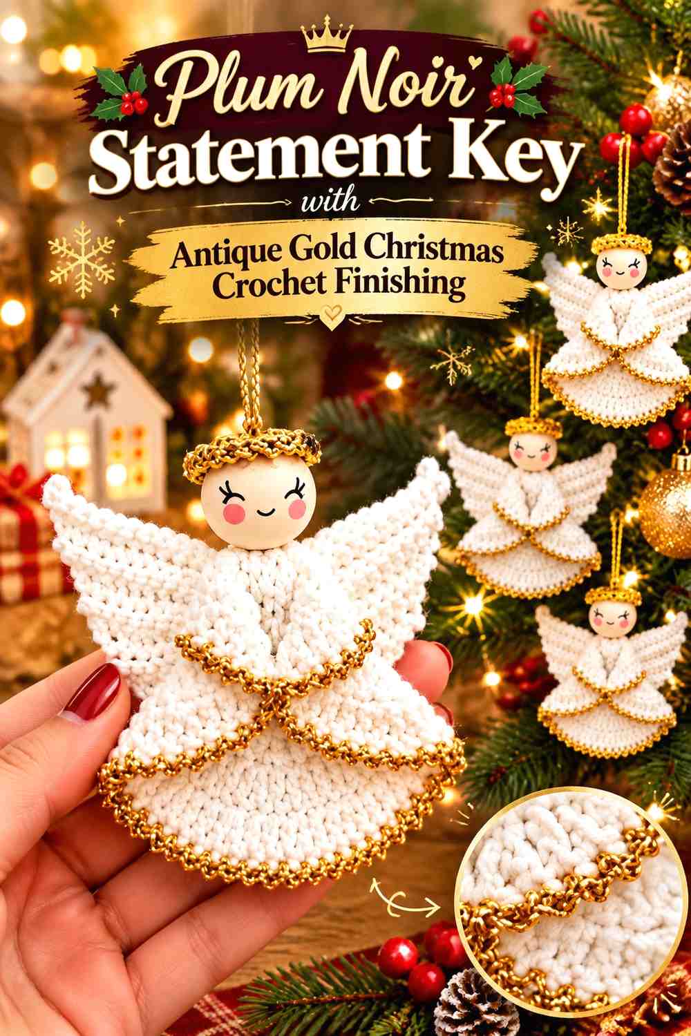 Plum Noir Statement Key with Antique Gold Christmas Crochet Finishing