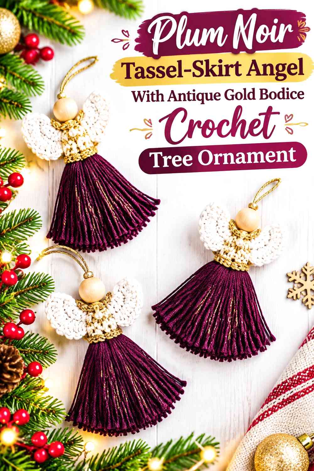 Plum Noir Tassel-Skirt Angel With Antique Gold Bodice Crochet Tree Ornament