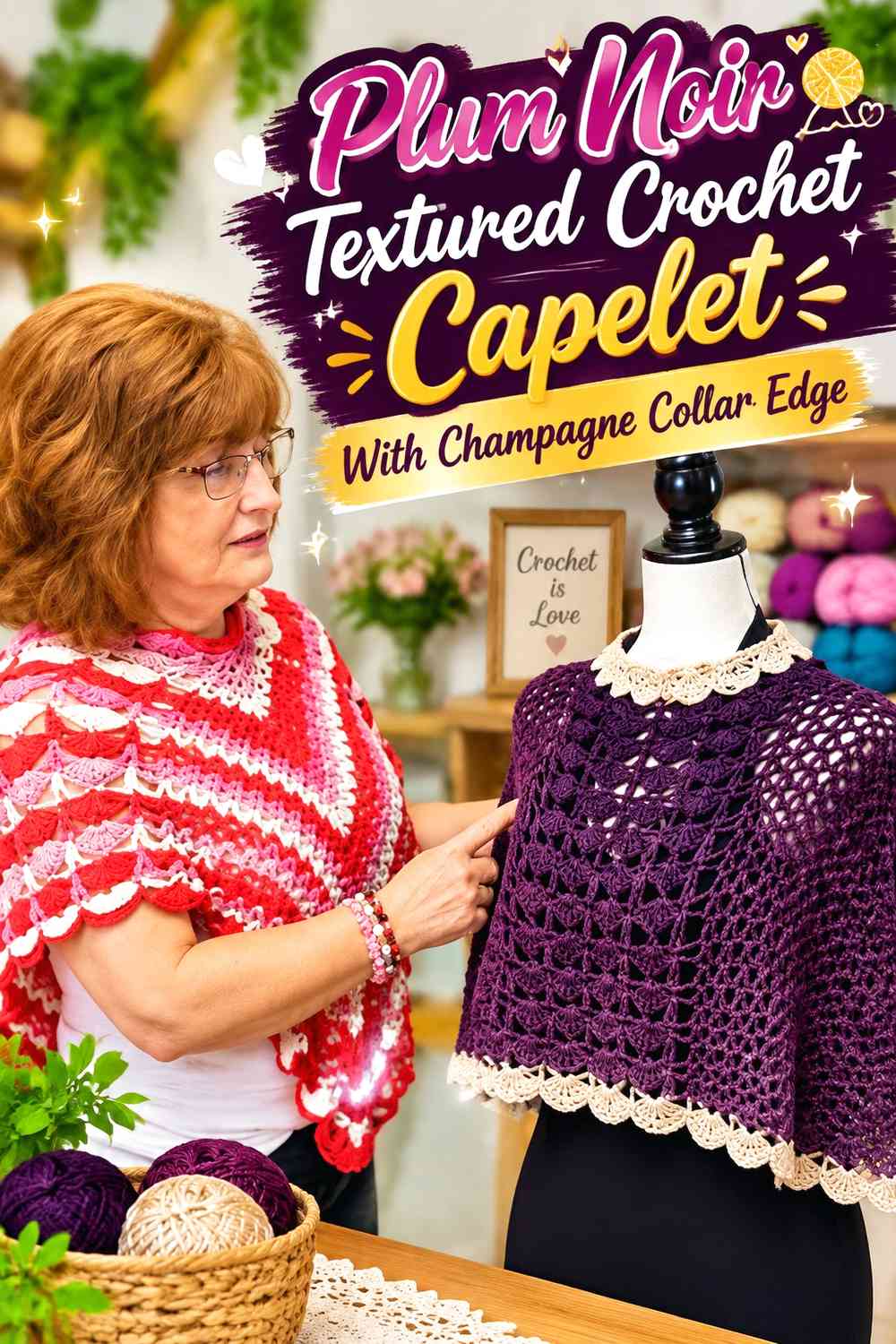 Plum Noir Textured Crochet Capelet With Champagne Collar Edge