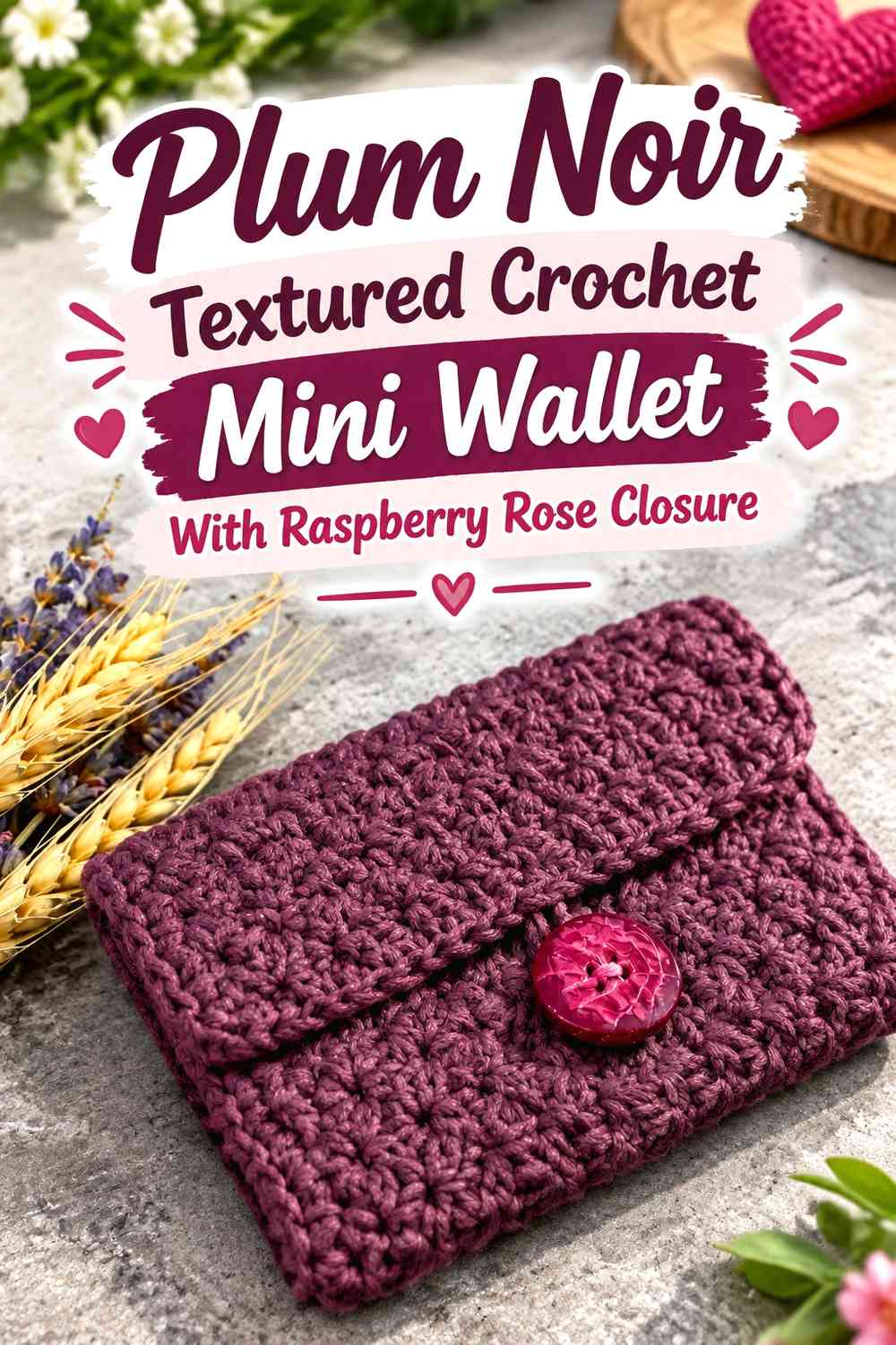 Plum Noir Textured Crochet Mini Wallet With Raspberry Rose Closure