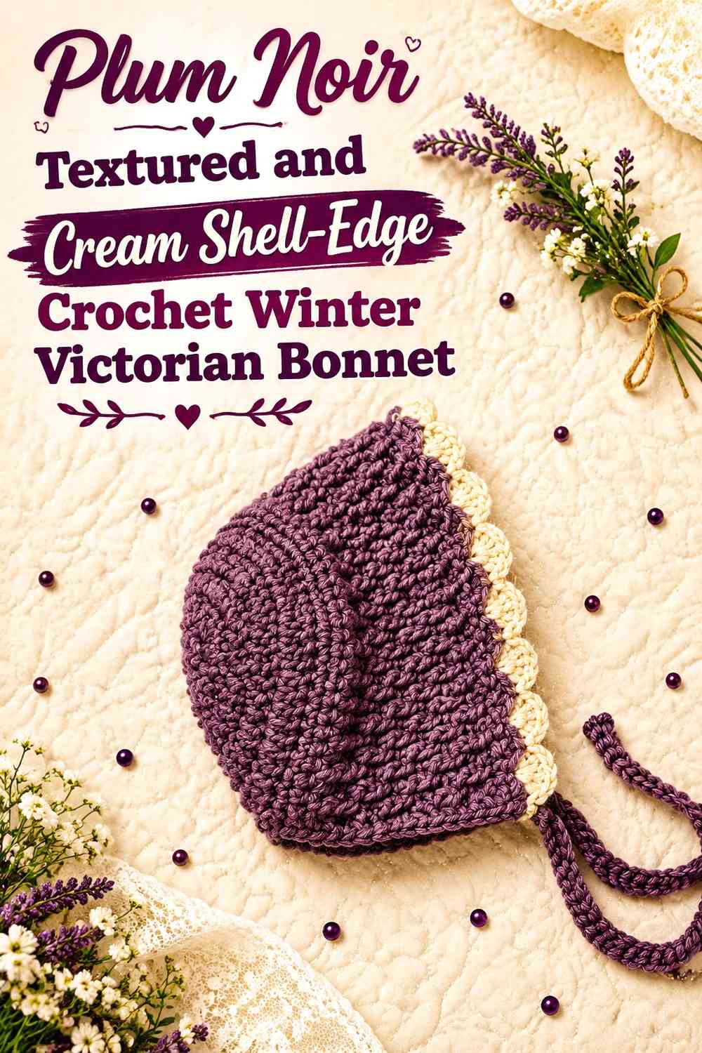 Plum Noir Textured and Cream Shell-Edge Crochet Winter Victorian Bonnet