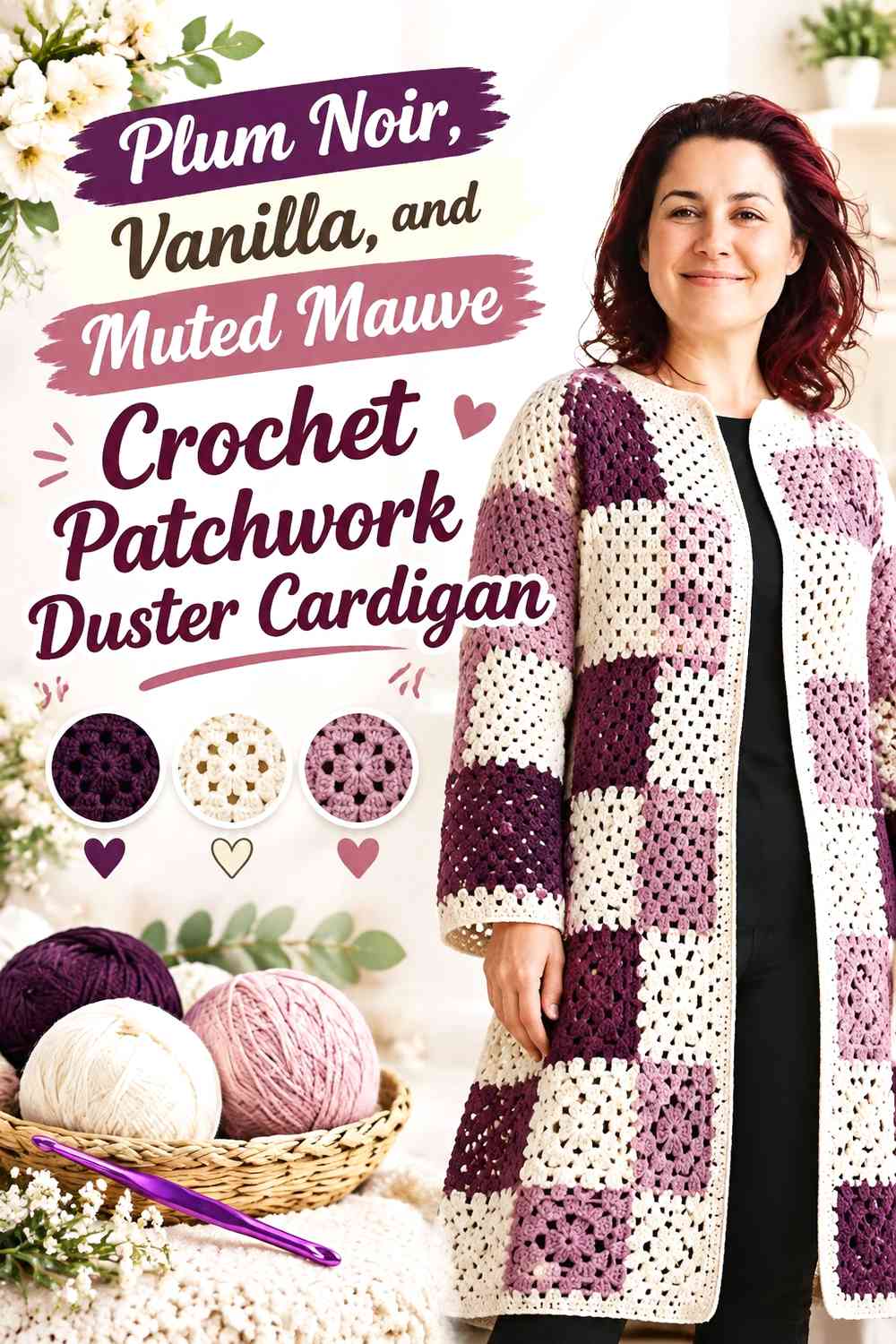 Plum Noir, Vanilla, and Muted Mauve Crochet Patchwork Duster Cardigan