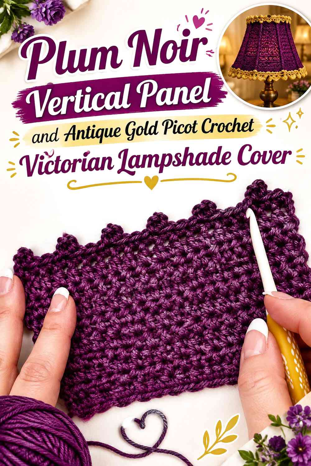 Plum Noir Vertical Panel and Antique Gold Picot Crochet Victorian Lampshade Cover