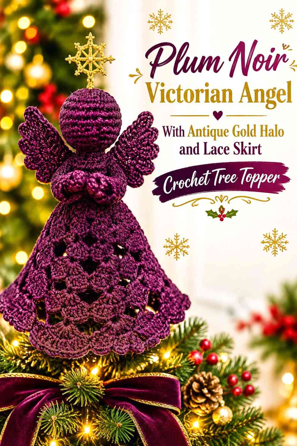 Plum Noir Victorian Angel With Antique Gold Halo and Lace Skirt Crochet Tree Topper