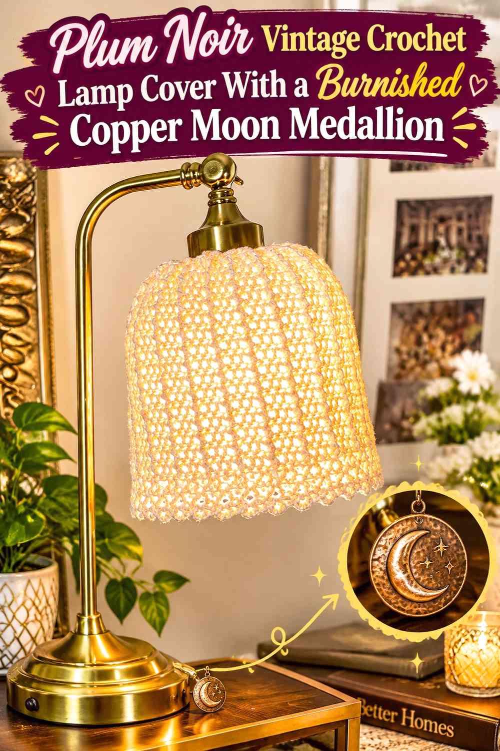 Plum Noir Vintage Crochet Lamp Cover With a Burnished Copper Moon Medallion