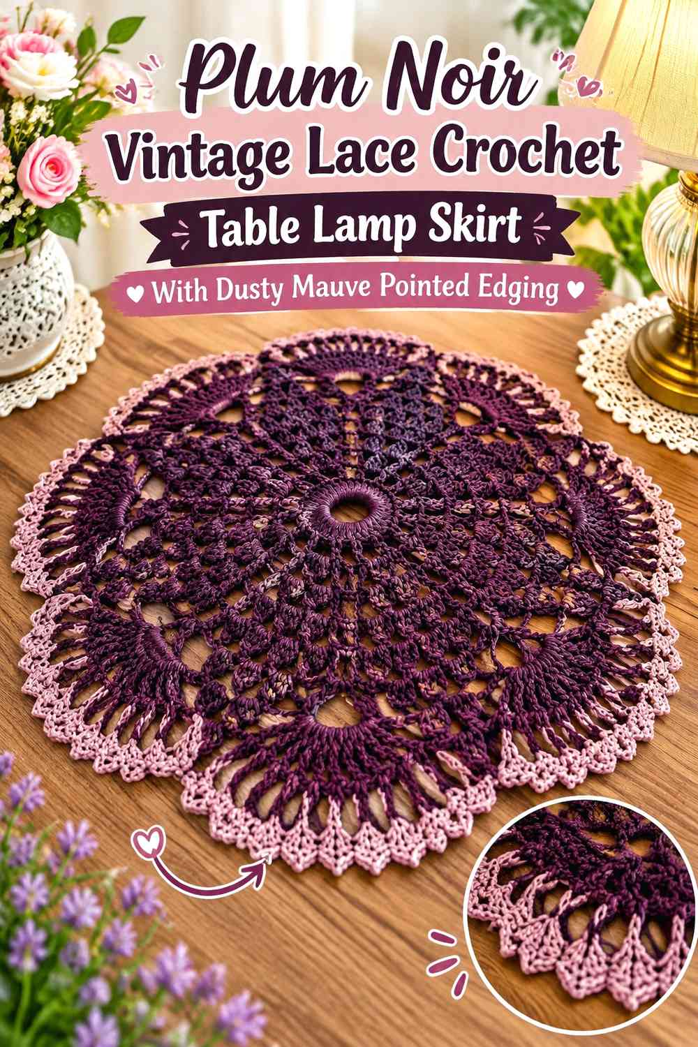 Plum Noir Vintage Lace Crochet Table Lamp Skirt With Dusty Mauve Pointed Edging
