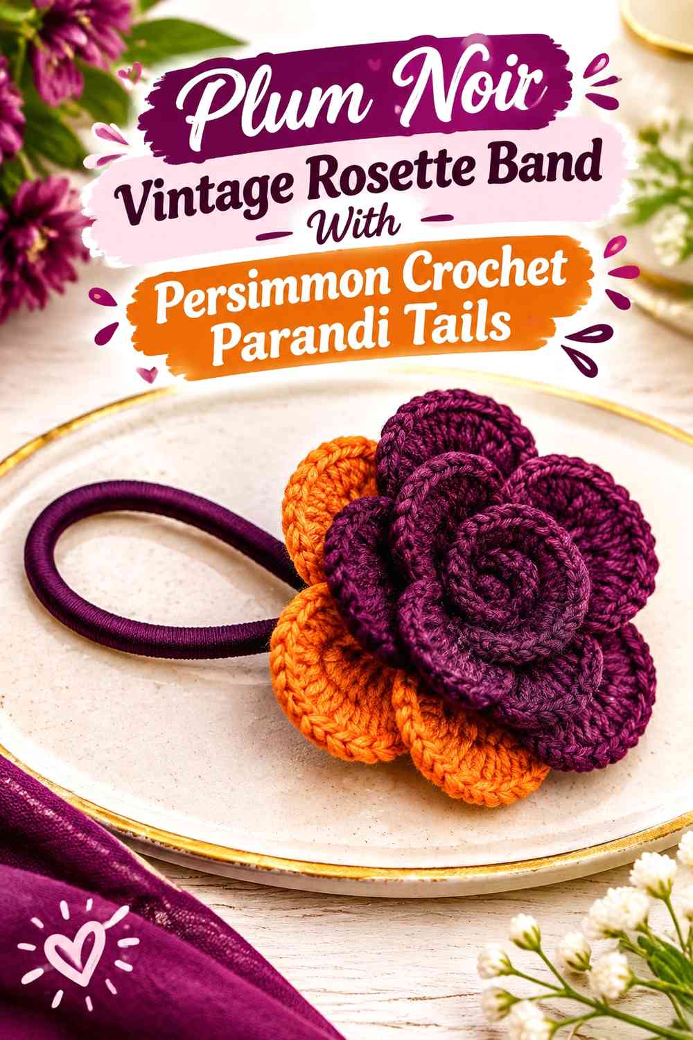 Plum Noir Vintage Rosette Band With Persimmon Crochet Parandi Tails