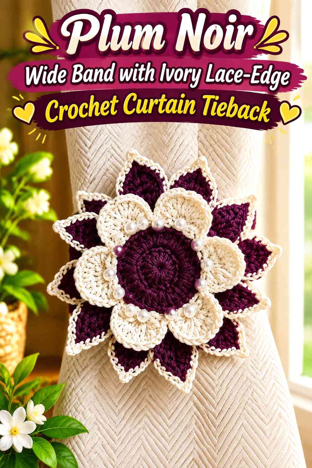Plum Noir Wide Band with Ivory Lace-Edge Crochet Curtain Tieback