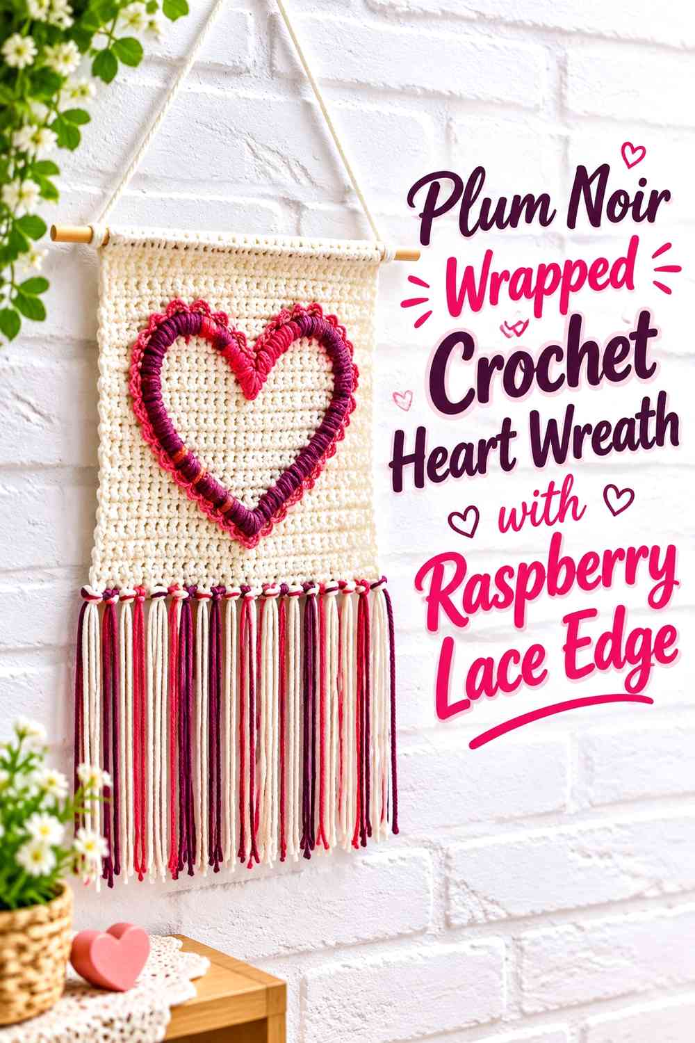 Plum Noir Wrapped Crochet Heart Wreath with Raspberry Lace Edge