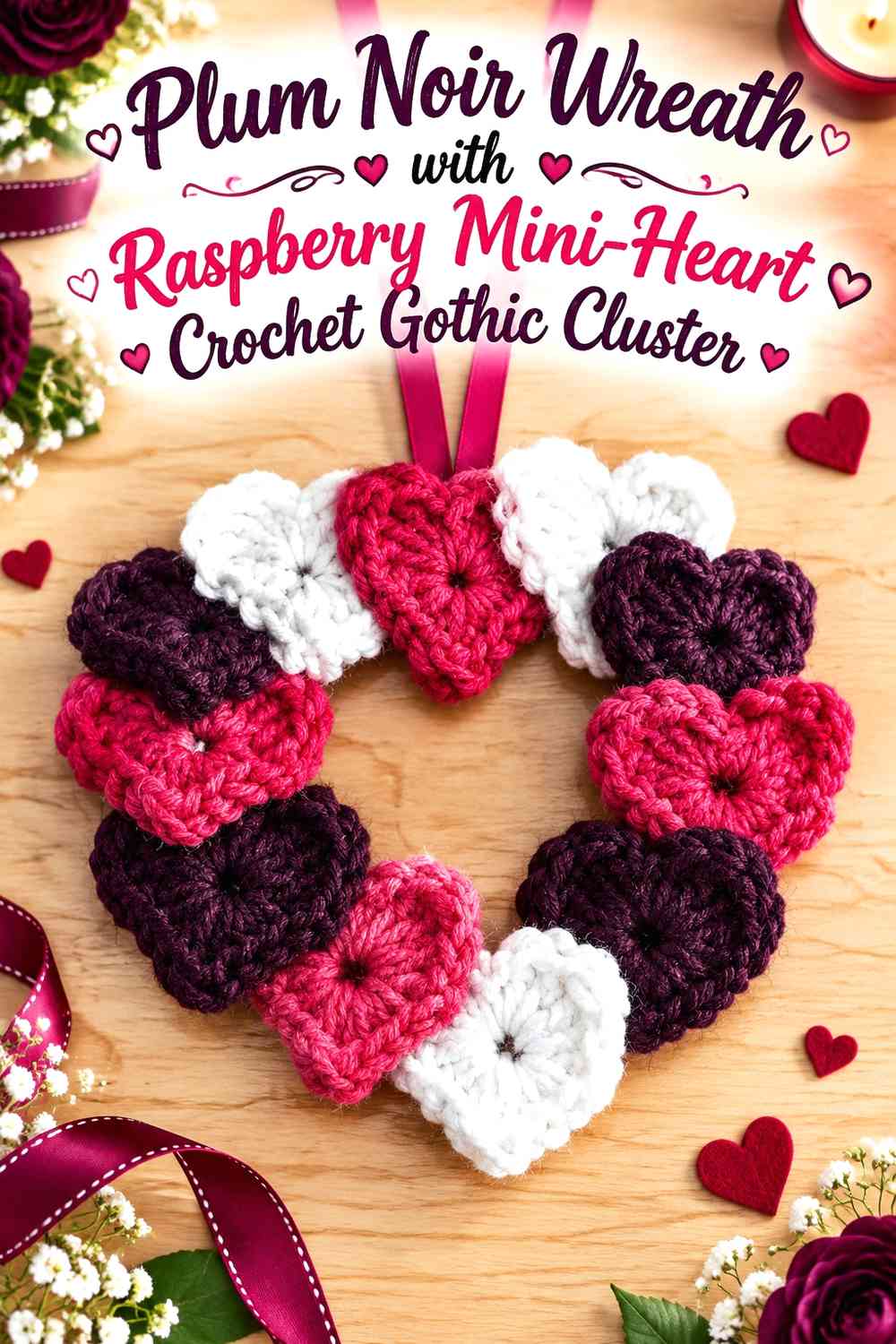 Plum Noir Wreath with Raspberry Mini-Heart Crochet Gothic Cluster