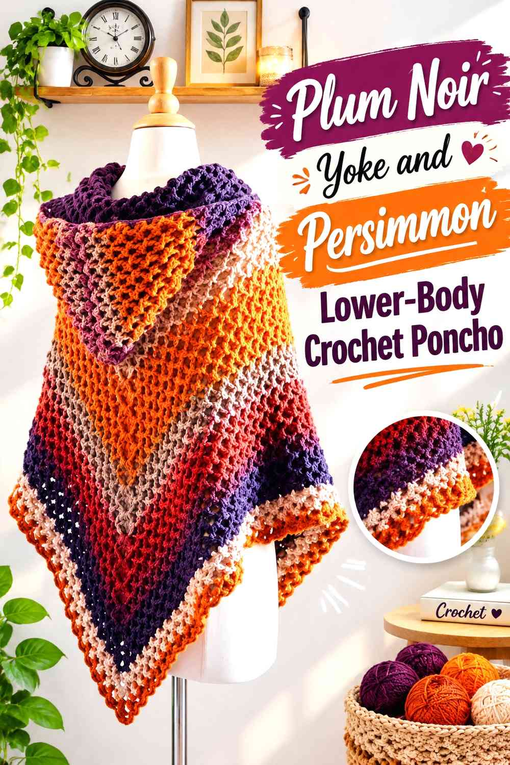 Plum Noir Yoke and Persimmon Lower-Body Crochet Poncho