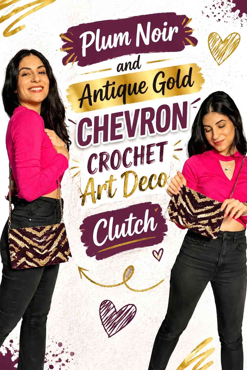 Plum Noir and Antique Gold Chevron Crochet Art Deco Clutch