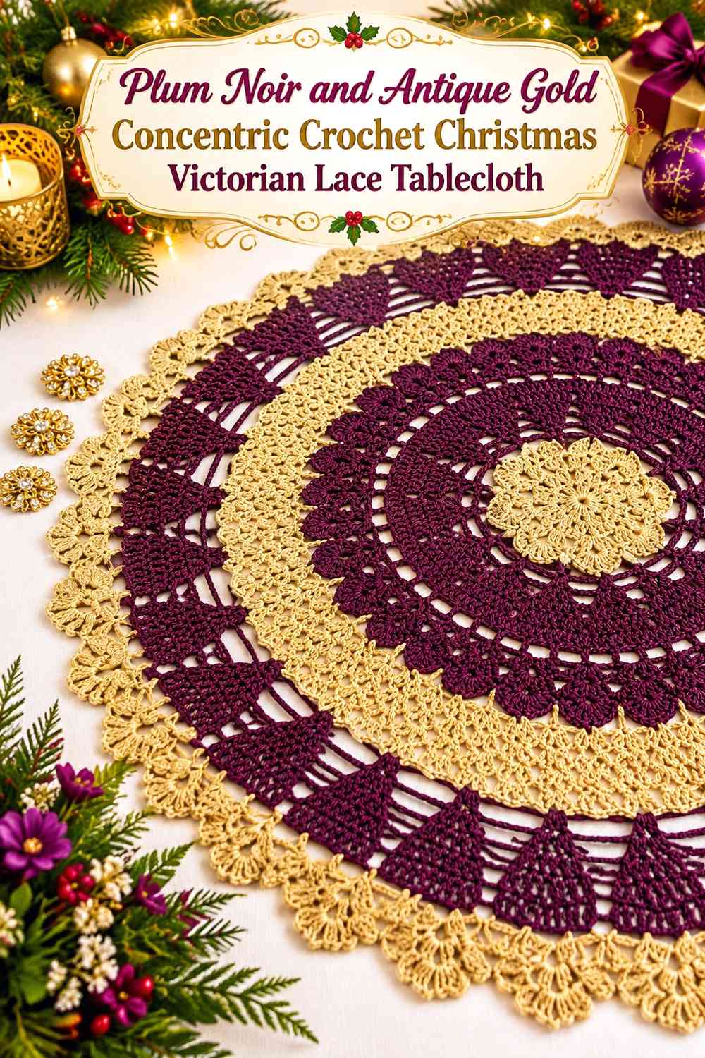 Plum Noir and Antique Gold Concentric Crochet Christmas Victorian Lace Tablecloth