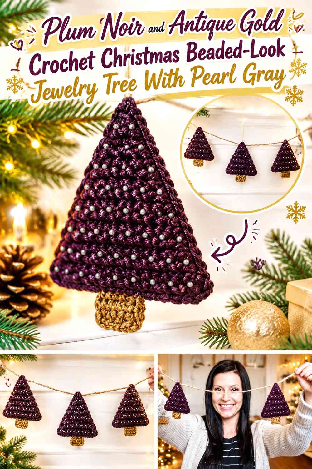 Plum Noir and Antique Gold Crochet Christmas Beaded-Look Jewelry Tree With Pearl Gray