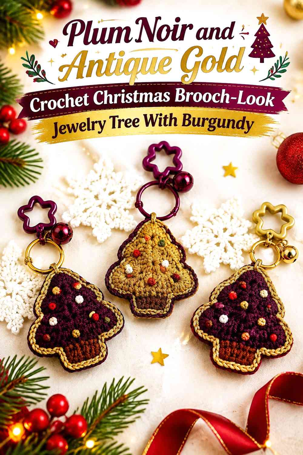 Plum Noir and Antique Gold Crochet Christmas Brooch-Look Jewelry Tree With Burgundy