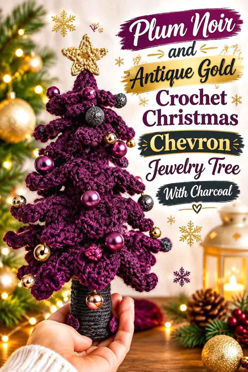 Plum Noir and Antique Gold Crochet Christmas Chevron Jewelry Tree With Charcoal