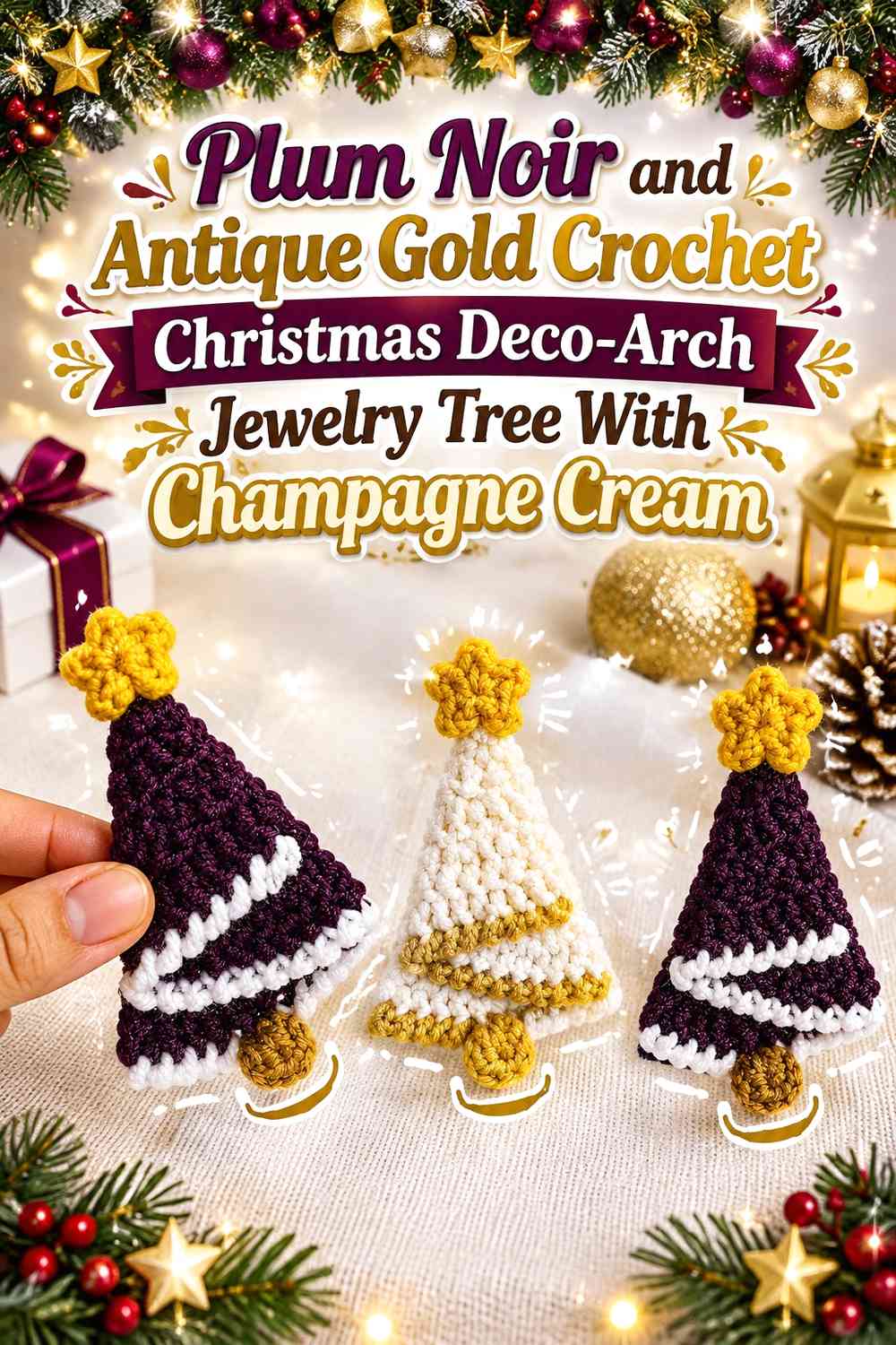 Plum Noir and Antique Gold Crochet Christmas Deco-Arch Jewelry Tree With Champagne Cream