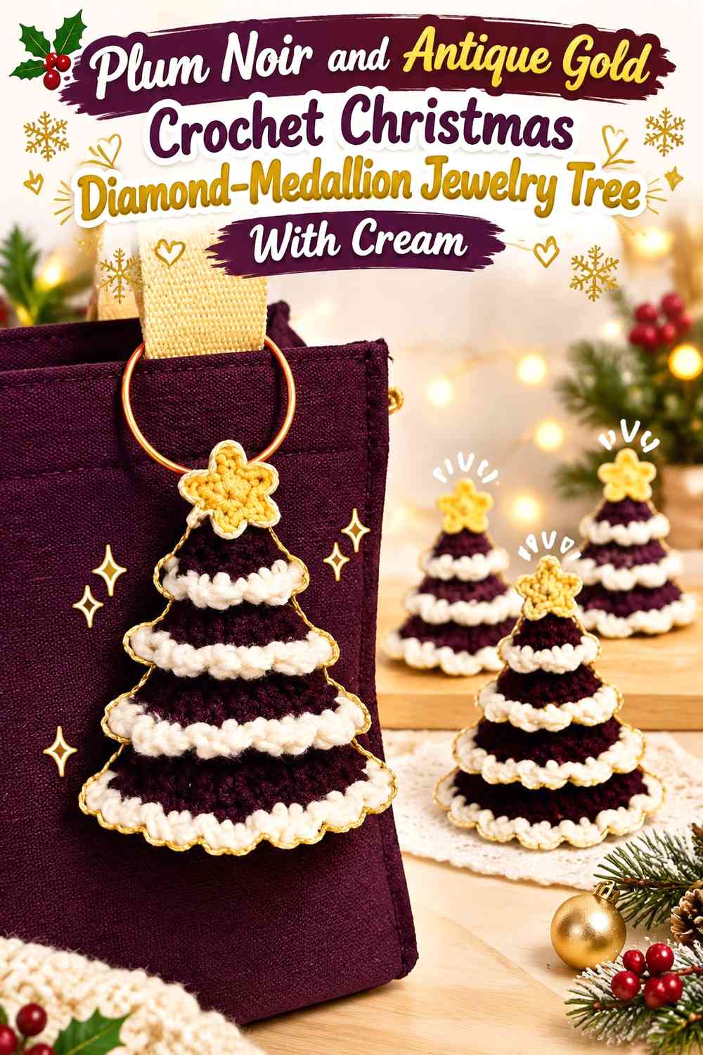 Plum Noir and Antique Gold Crochet Christmas Diamond-Medallion Jewelry Tree With Cream
