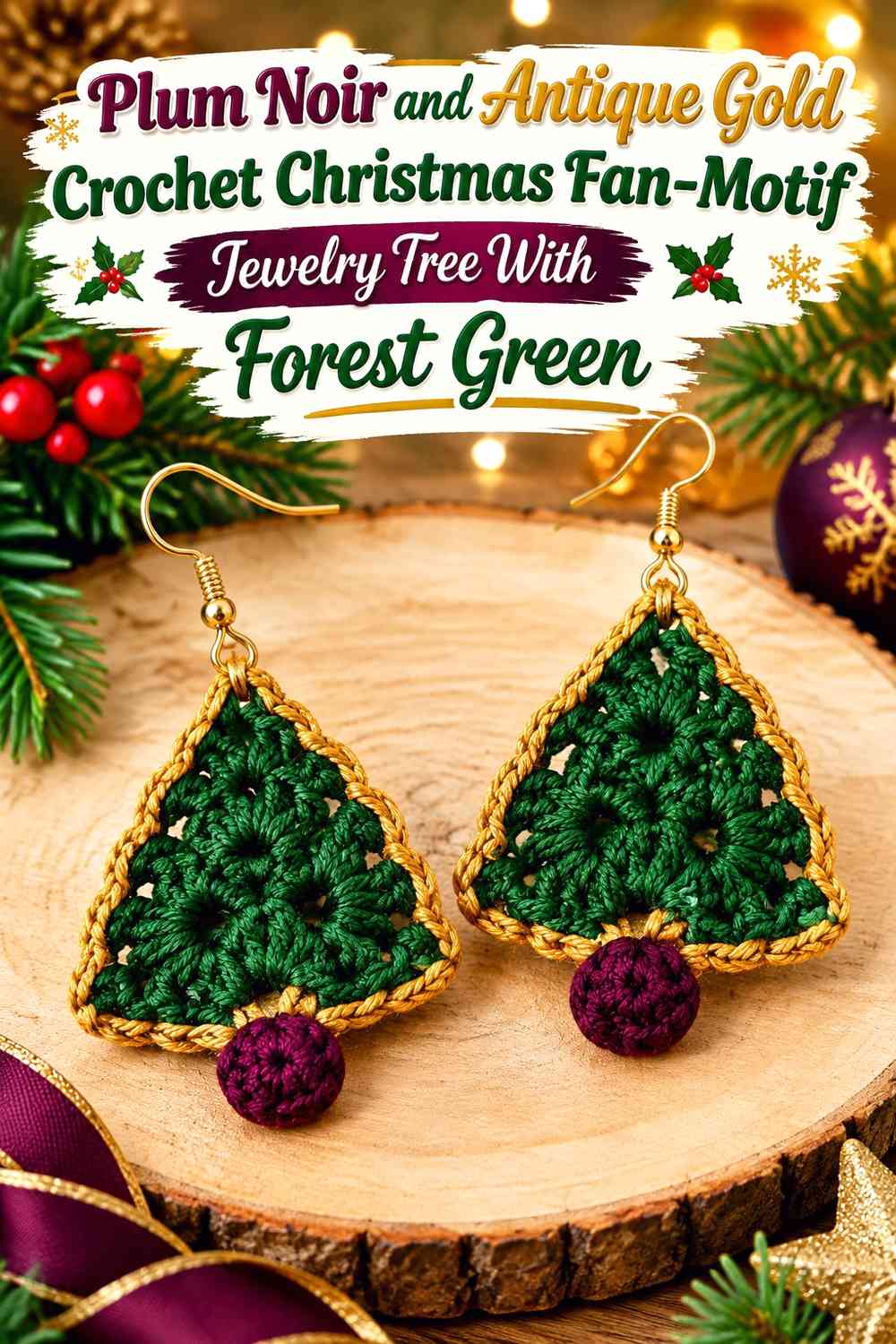 Plum Noir and Antique Gold Crochet Christmas Fan-Motif Jewelry Tree With Forest Green