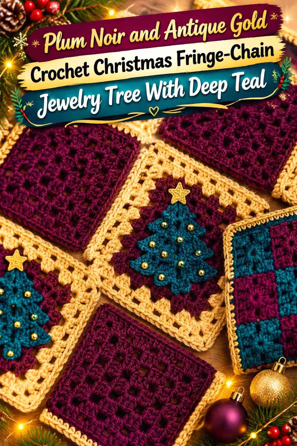 Plum Noir and Antique Gold Crochet Christmas Fringe-Chain Jewelry Tree With Deep Teal