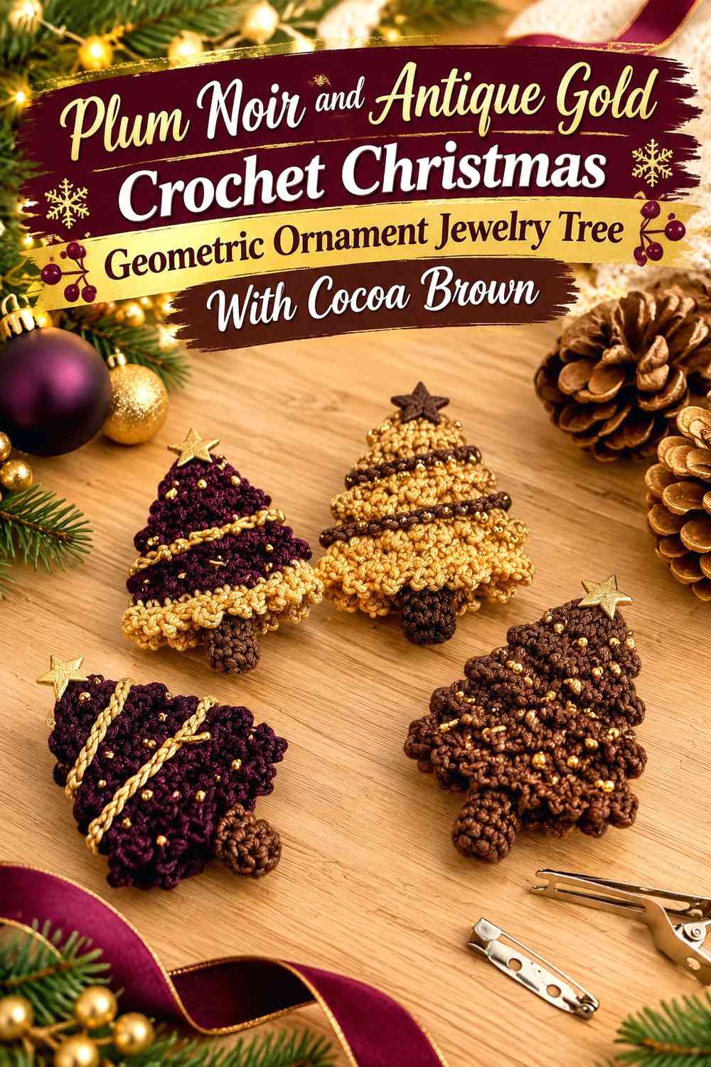 Plum Noir and Antique Gold Crochet Christmas Geometric Ornament Jewelry Tree With Cocoa Brown