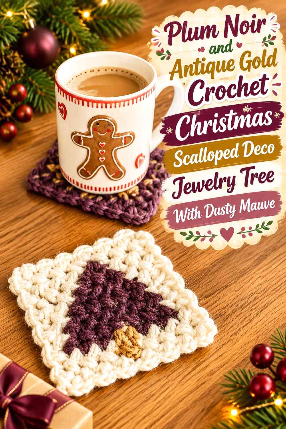 Plum Noir and Antique Gold Crochet Christmas Scalloped Deco Jewelry Tree With Dusty Mauve