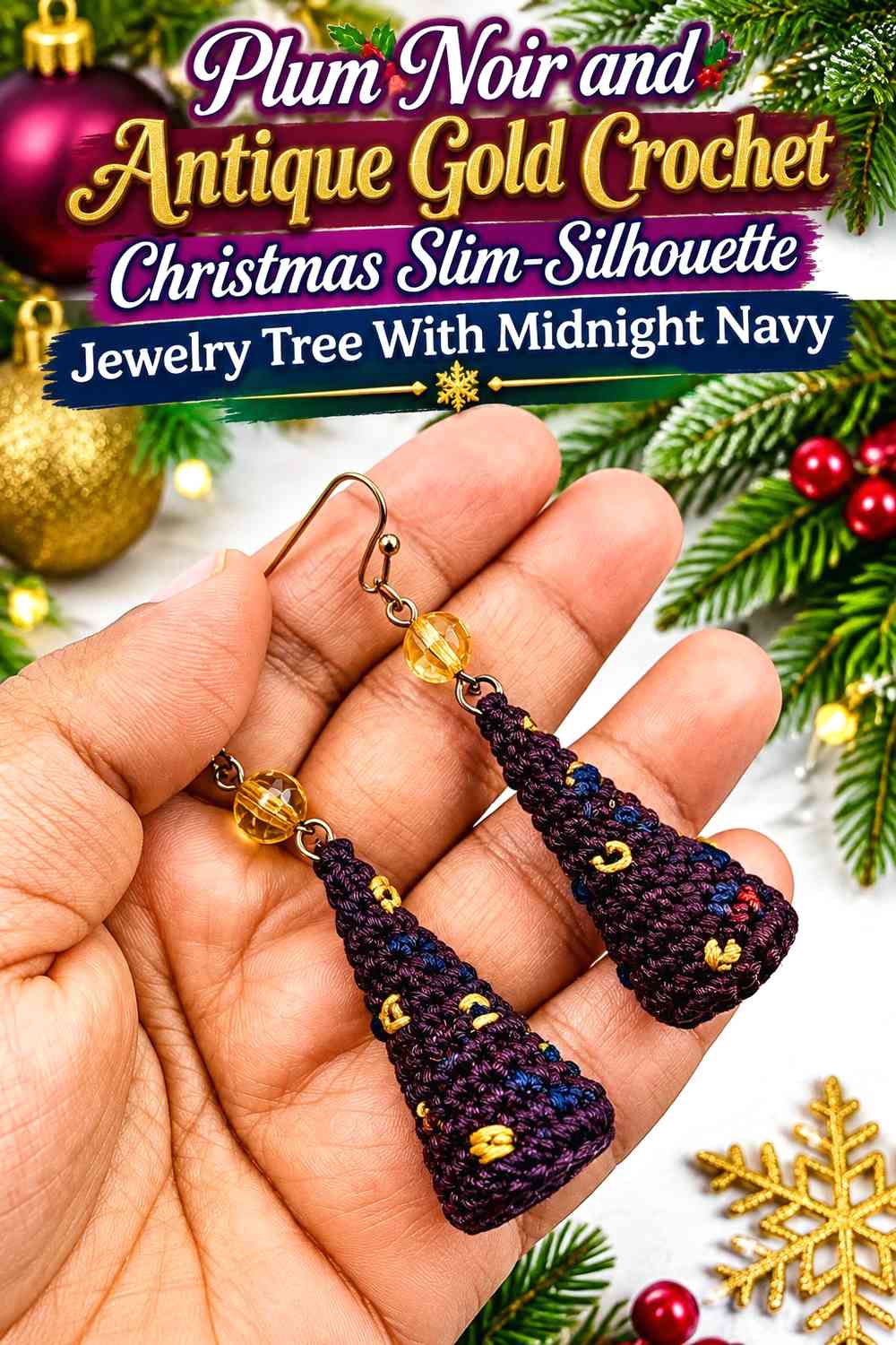 Plum Noir and Antique Gold Crochet Christmas Slim-Silhouette Jewelry Tree With Midnight Navy