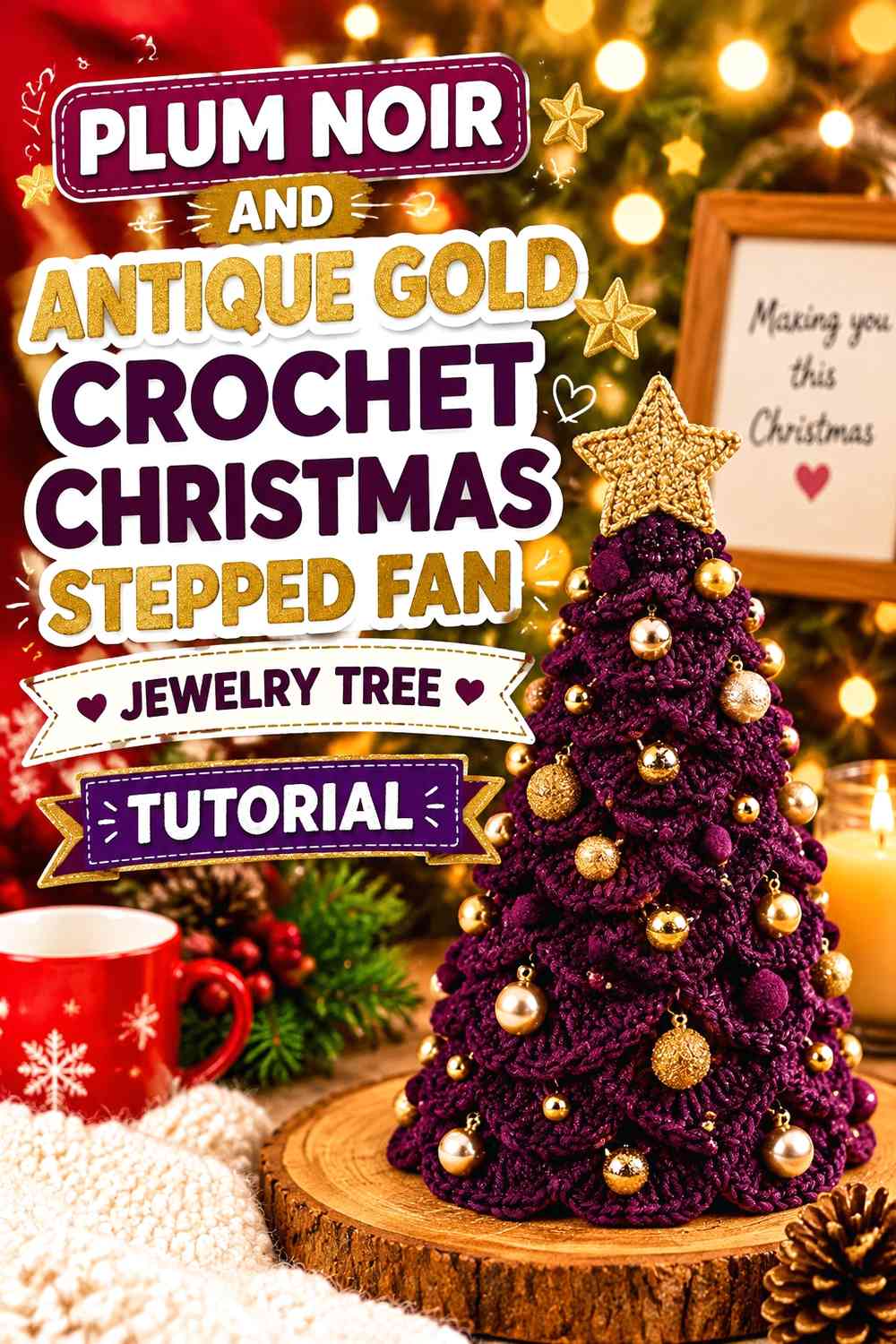 Plum Noir and Antique Gold Crochet Christmas Stepped Fan Jewelry Tree