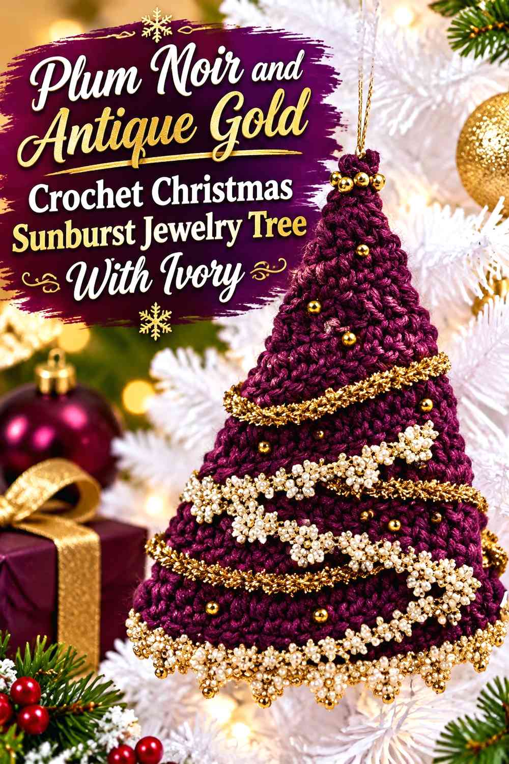 Plum Noir and Antique Gold Crochet Christmas Sunburst Jewelry Tree With Ivory