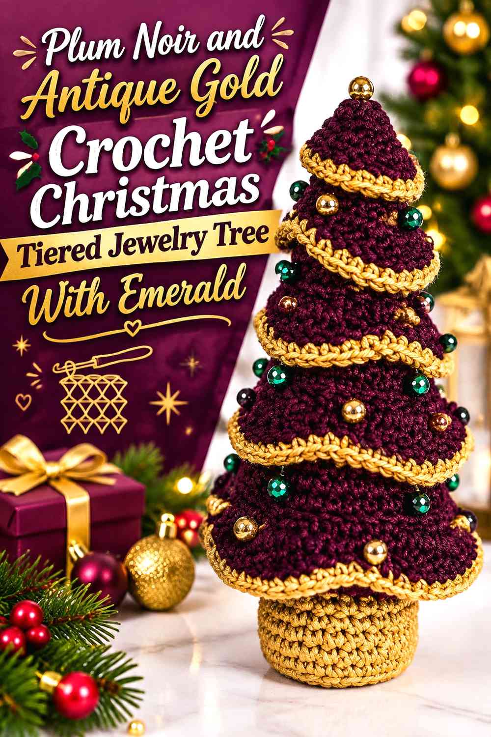 Plum Noir and Antique Gold Crochet Christmas Tiered Jewelry Tree With Emerald