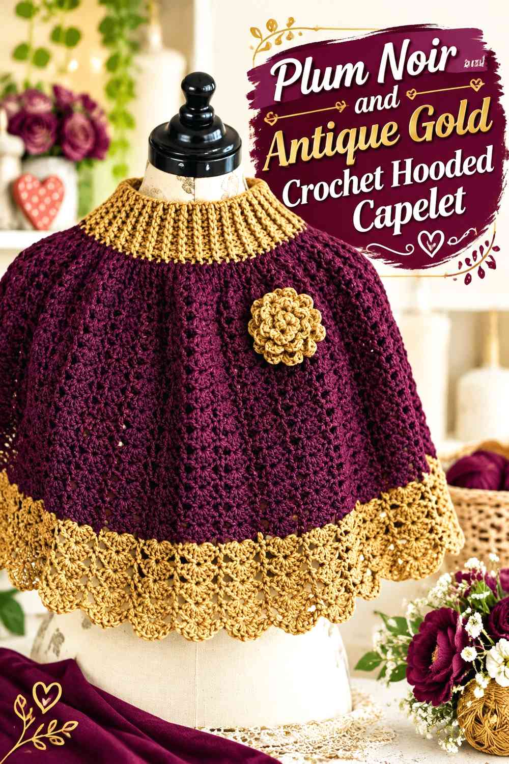 Plum Noir and Antique Gold Crochet Hooded Capelet