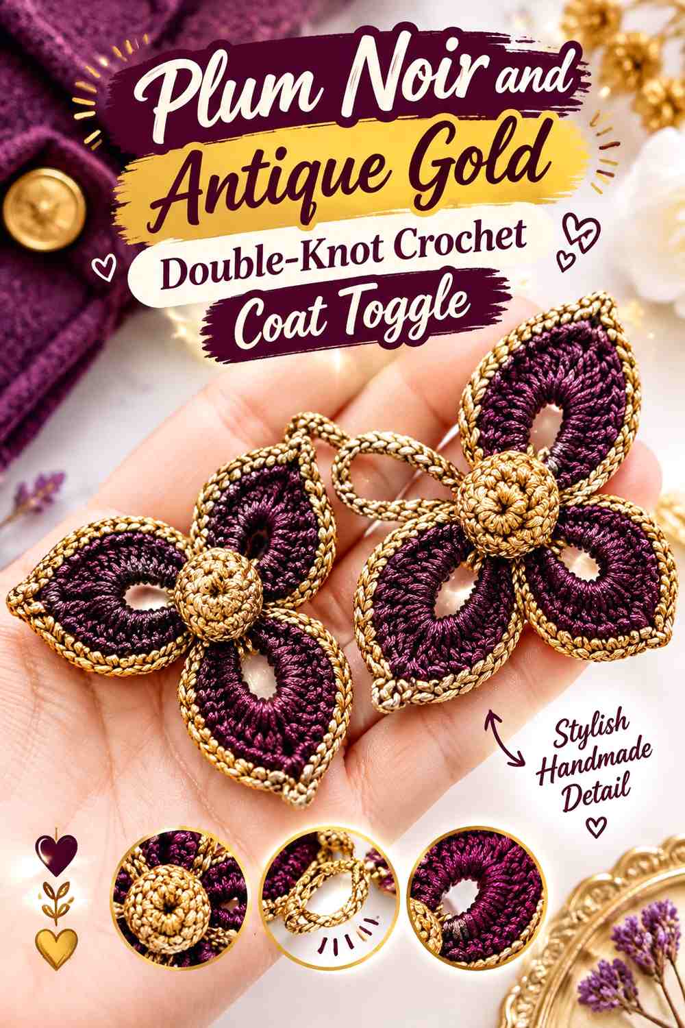 Plum Noir and Antique Gold Double-Knot Crochet Coat Toggle
