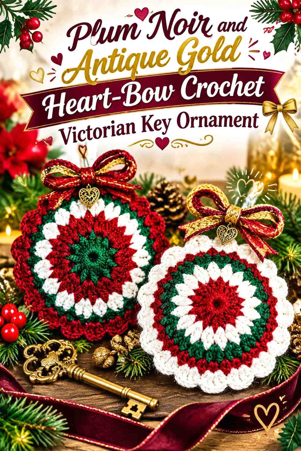 Plum Noir and Antique Gold Heart-Bow Crochet Victorian Key Ornament