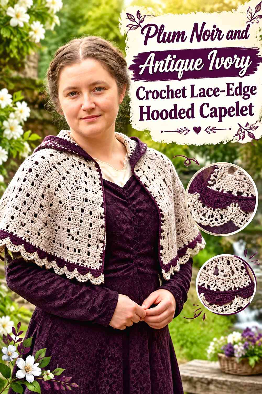 Plum Noir and Antique Ivory Crochet Lace-Edge Hooded Capelet