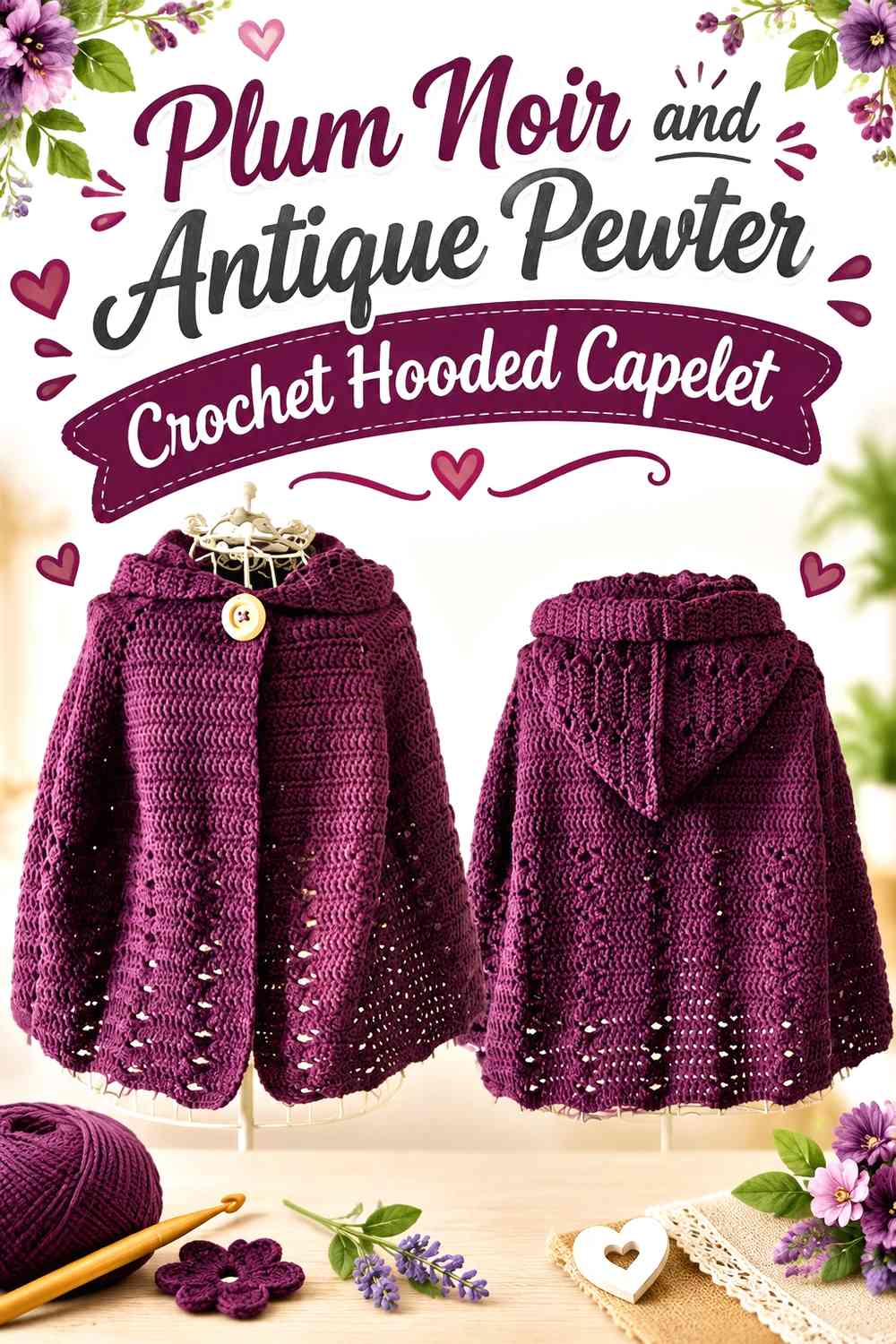 Plum Noir and Antique Pewter Crochet Hooded Capelet