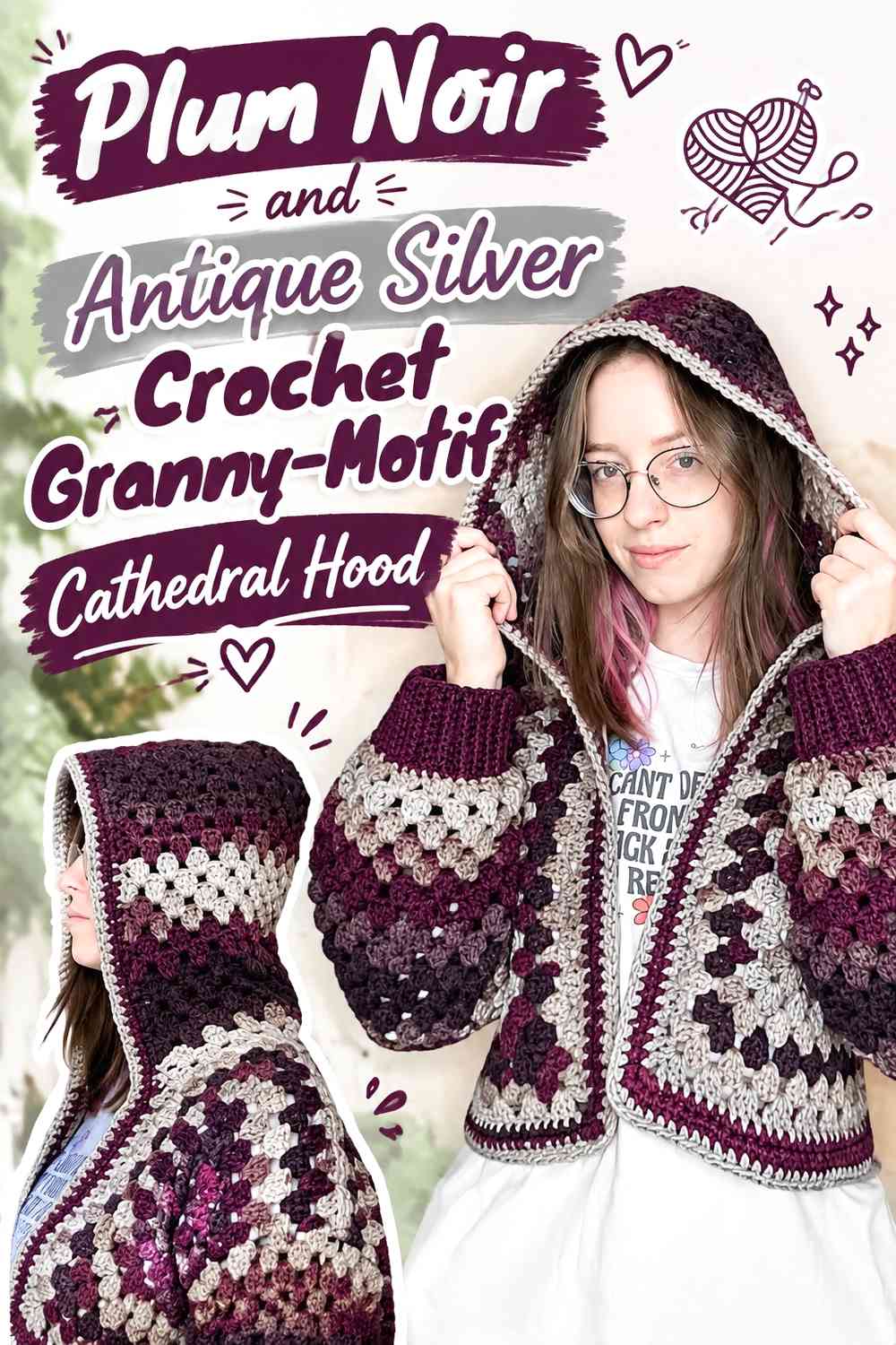 Plum Noir and Antique Silver Crochet Granny-Motif Cathedral Hood