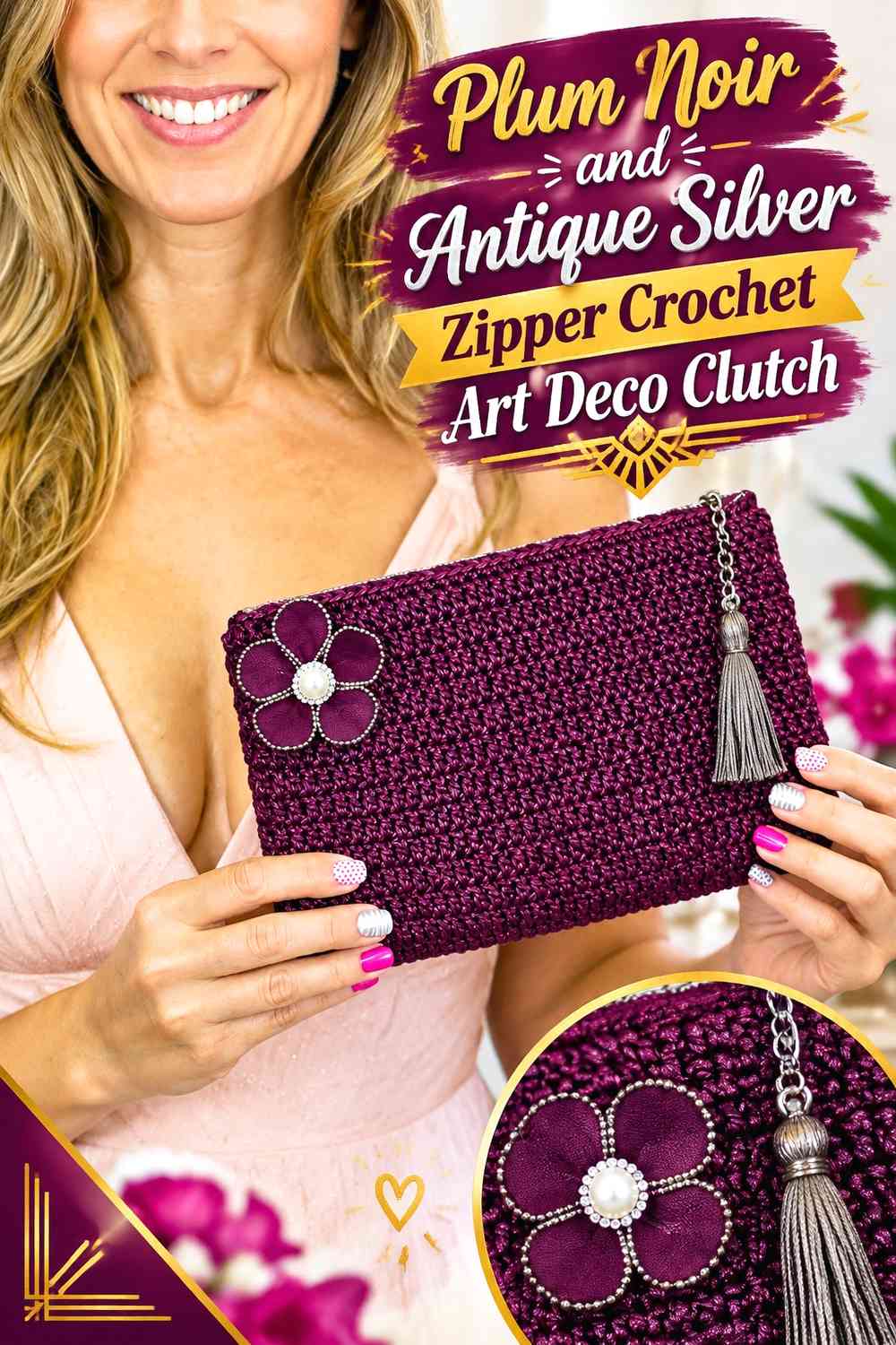 Plum Noir and Antique Silver Zipper Crochet Art Deco Clutch