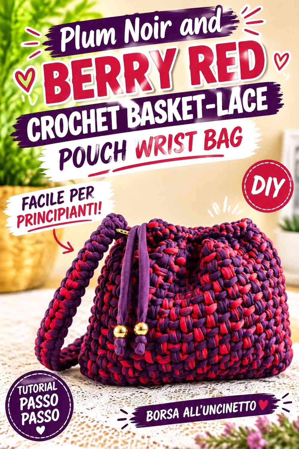 Plum Noir and Berry Red Crochet Basket-Lace Pouch Wrist Bag