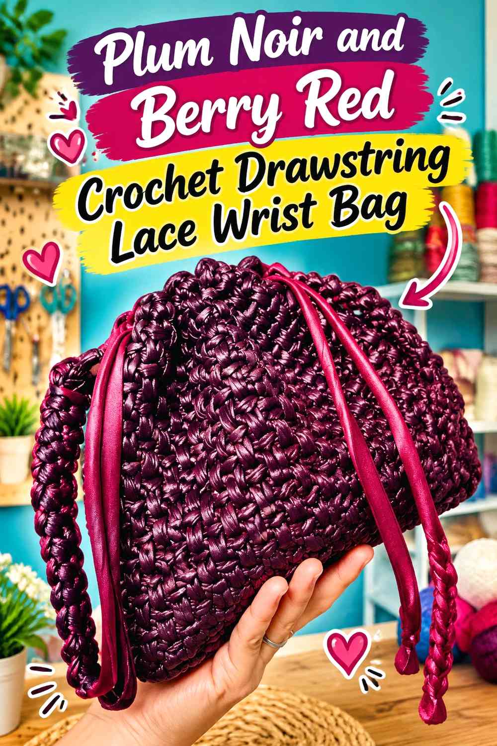 Plum Noir and Berry Red Crochet Drawstring Lace Wrist Bag