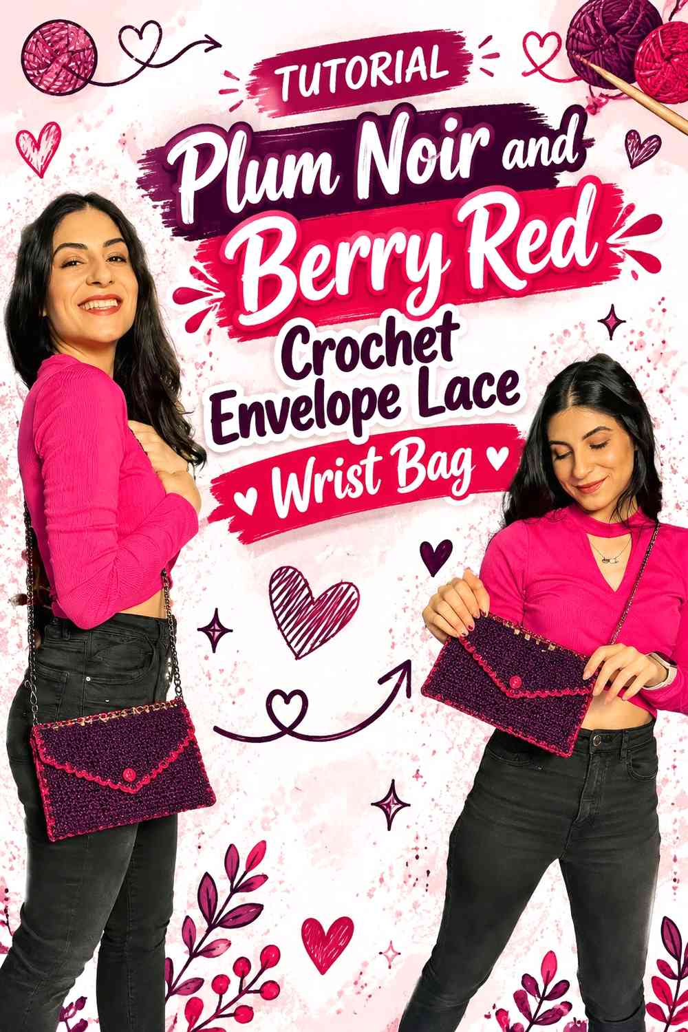 Plum Noir and Berry Red Crochet Envelope Lace Wrist Bag